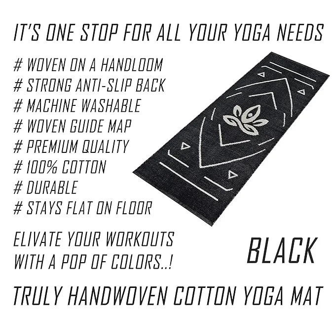 Eco-Friendly Non-Slip Cotton Yoga Mat for Men & Women – 7mm Thick, Large 2x6 Feet Exercise & Meditation Mat for Home Workouts – Anti-Skid Black Pilates Mat - Image 4