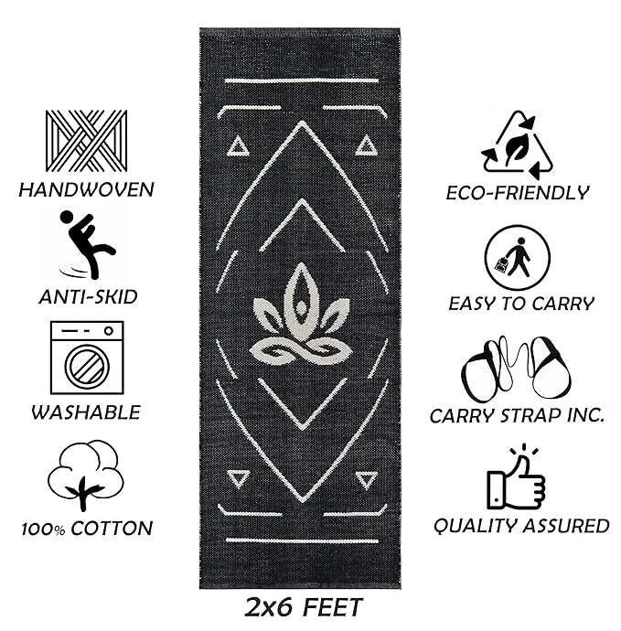 Eco-Friendly Non-Slip Cotton Yoga Mat for Men & Women – 7mm Thick, Large 2x6 Feet Exercise & Meditation Mat for Home Workouts – Anti-Skid Black Pilates Mat - Image 3